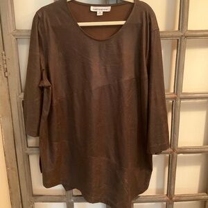 Caroline Rose Faux Distressed Leather 3/4 Sleeve Top W/Detail 2X Chocolate-FINAL